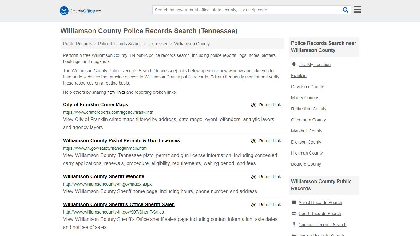 Williamson County Police Records Search (Tennessee) - County Office